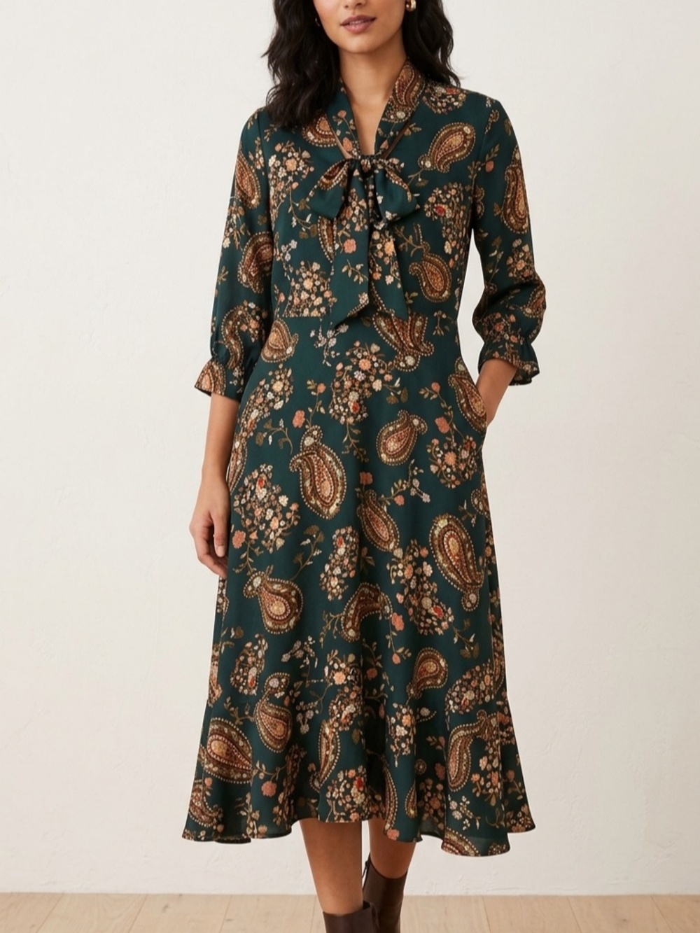 julia jordan Dark Green Paisley Tie-Neck Long Sleeve Midi Dress